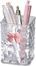 Acrylic Pen Holder for Desk, Clear Pencil Organizer Makeup Brush Cup Holders with Bow Back To School Accessories for Teachers Appreaction Present (Transparent)