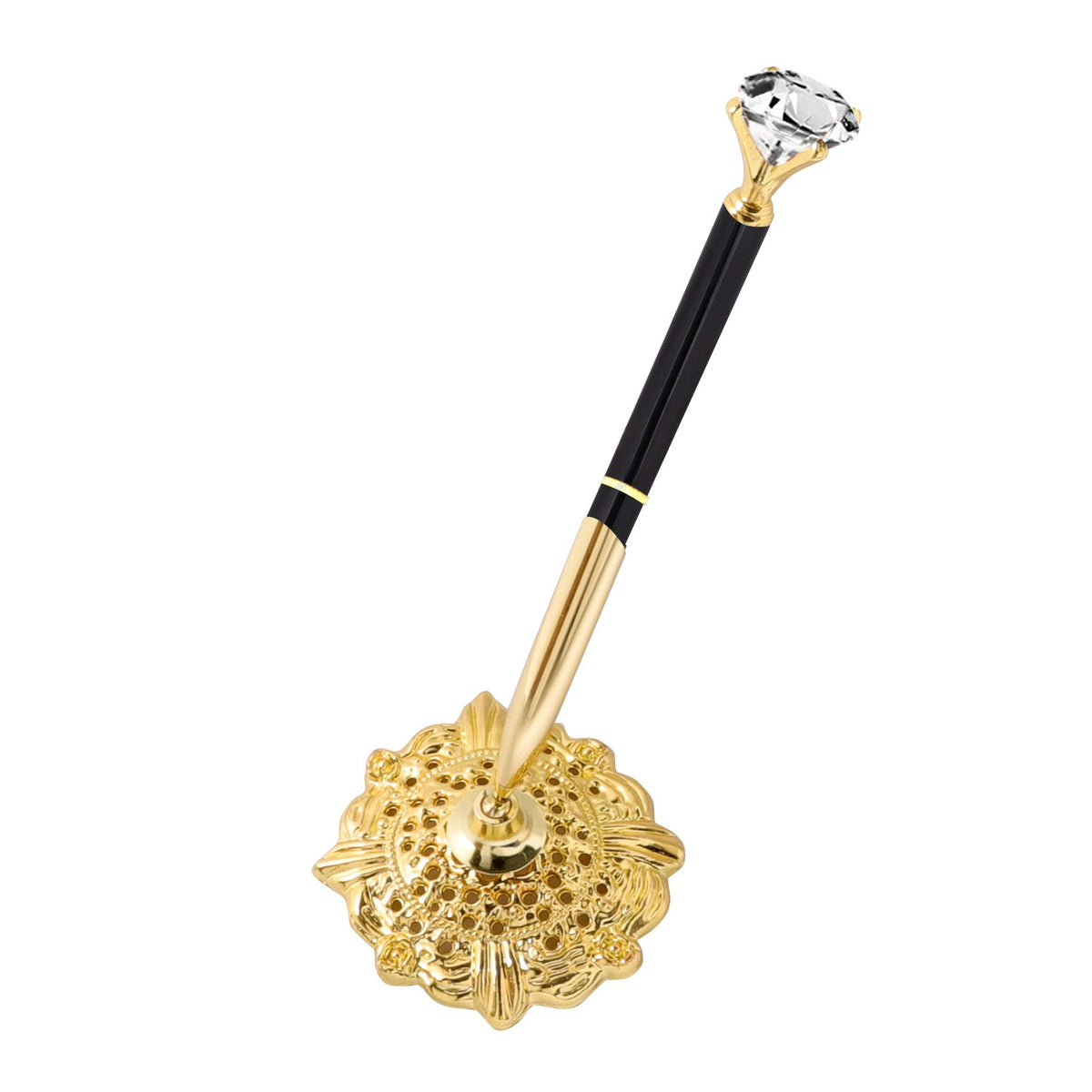 Hollow Round Pen Holder Signing Pen Set with Big Diamond Crystal Pen for Wedding Bridal Opening Ceremony Graduation Office, Silver(Black Ink)