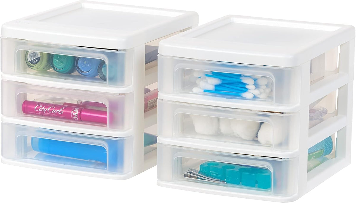 IRIS USA 2-Pack, 3-Drawer Medium Plastic Stacking Desktop Organizer, Black