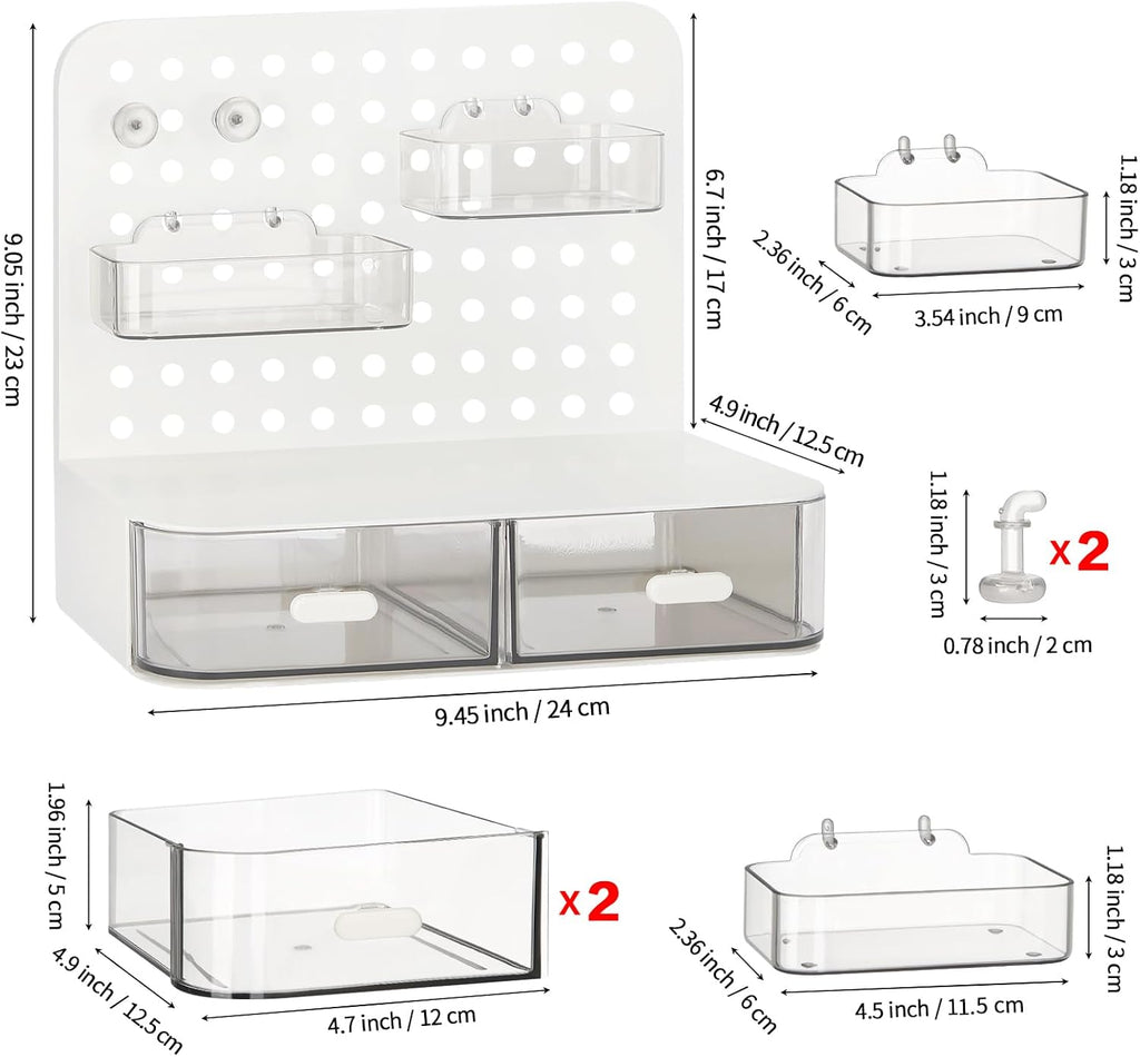 LETURE Desktop Stationery Organizer Storage with 3 Drawers, Plastic Desk Organization Holder with Pegboard Shelf & Adjustable Compartments for Stationery Office Supplies Makeup Accessories (White)