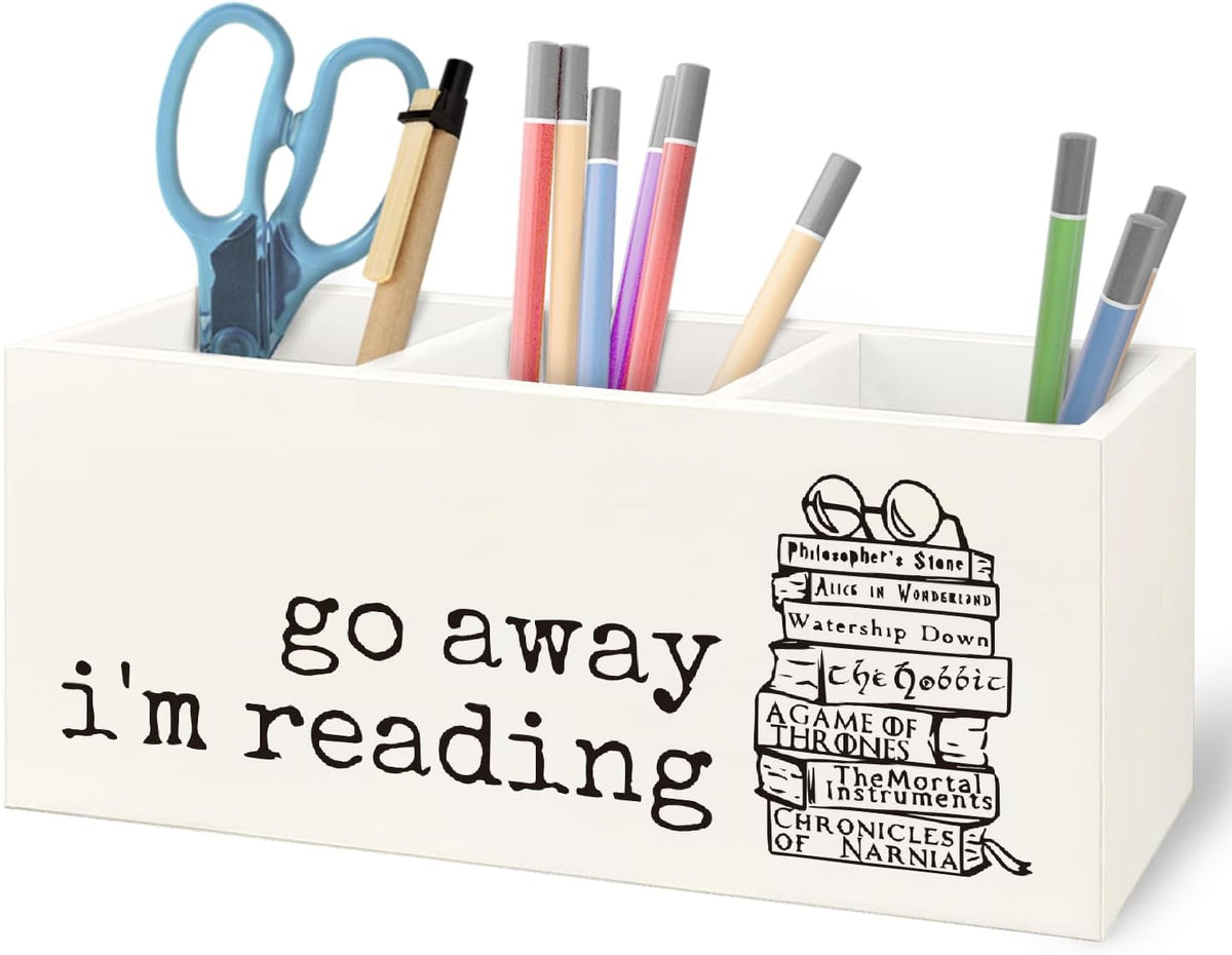 Book Lovers Gifts Wooden Pen Pencil Holder for Classroom Library Office Desk Accessories, Reading Gifts for Book Lovers Readers, Bookish Makeup Brush Toothbrush Holder Organizer for Bathroom