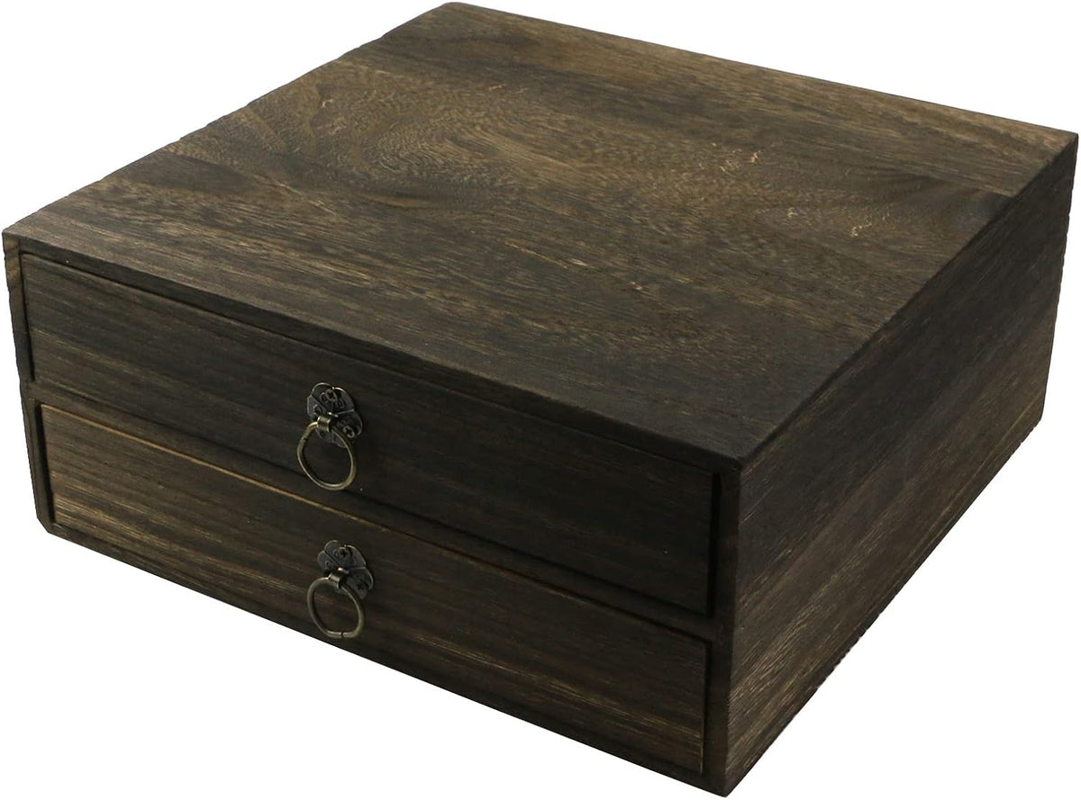 Wooden Desk Organizer 10" x 9.5" x 4.4" Mini Desk Drawer Tabletop Storage Organization Box Vintage Decorative Small Wooden Box（2 Floors）