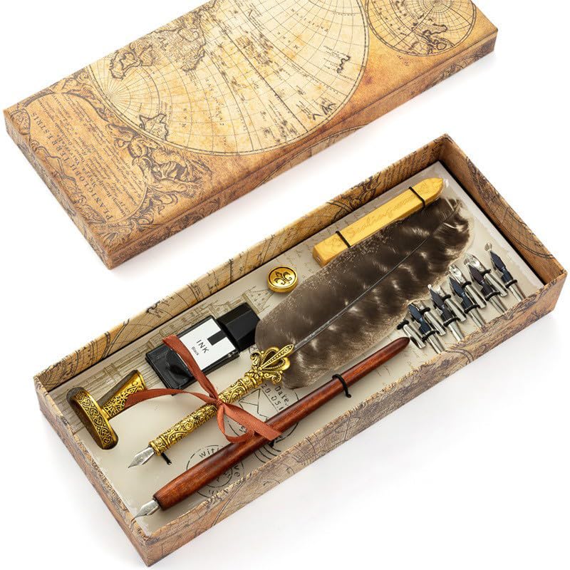 Peacock Feather Pen and Ink Set, Wax Seal Kit Present Box