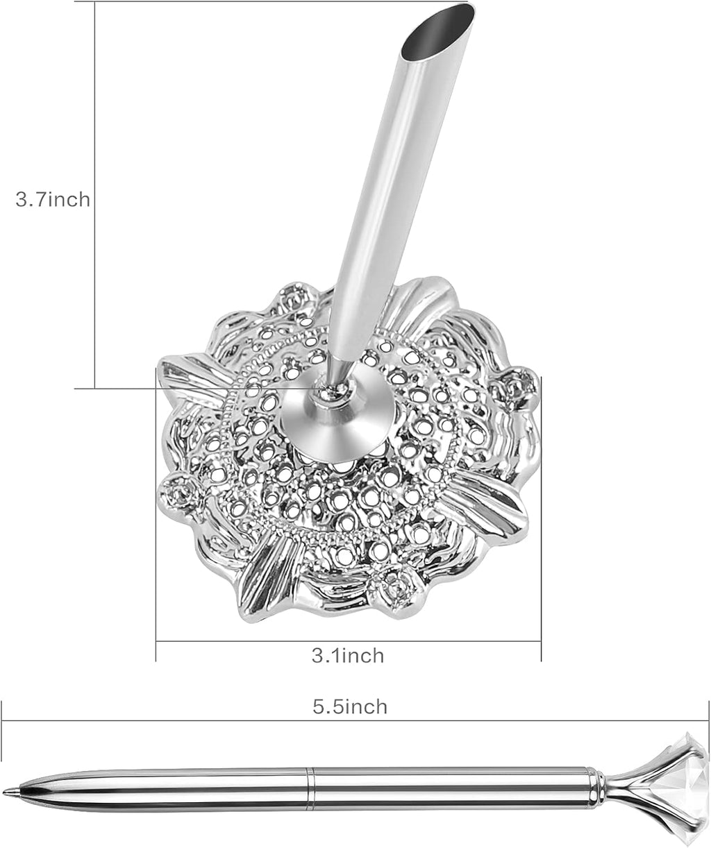 Hollow Round Pen Holder Signing Pen Set with Big Diamond Crystal Pen for Wedding Bridal Opening Ceremony Graduation Office, Silver(Black Ink)
