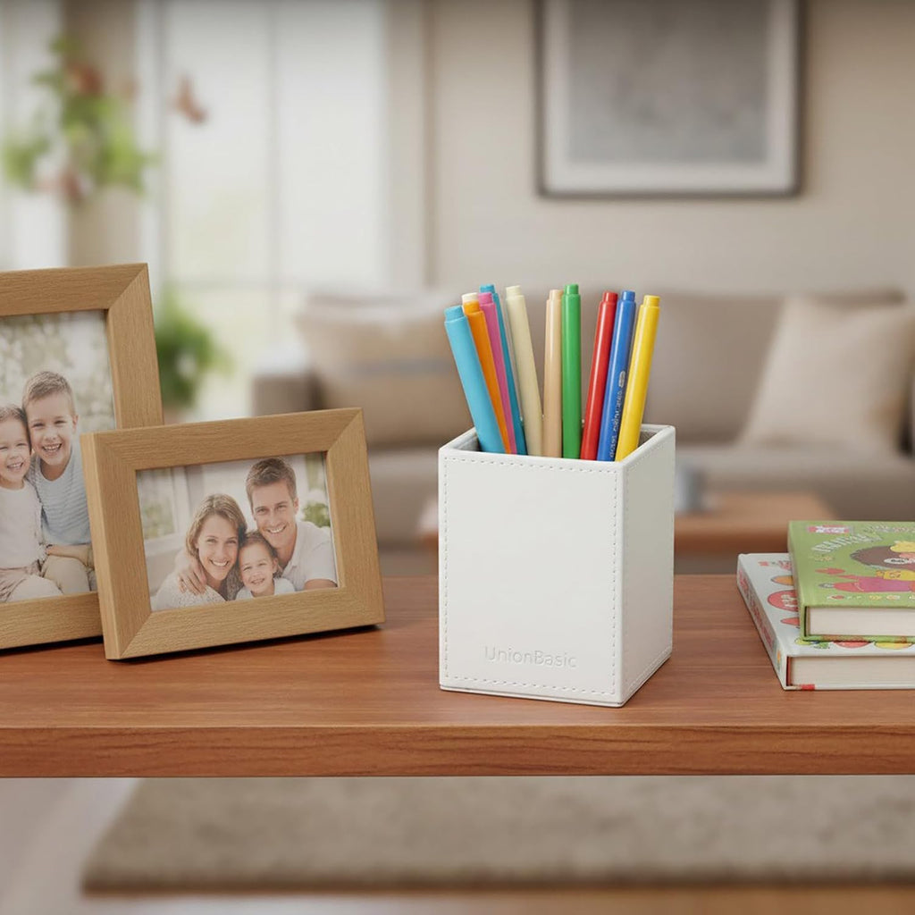 UnionBasic Square Pen Holder, Leather Pencil Cup, Desktop Caddy Stationery Organizer, White