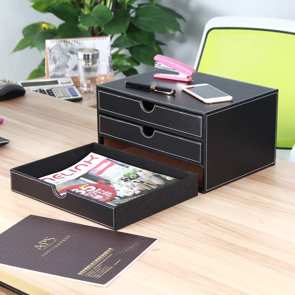 High-end PU Leather Desk Organizer File Cabinet Executive Office Supplies Desktop Filing A4 File Cabinet Stackable Storage Organizer Box with 3 Drawers (Black)…