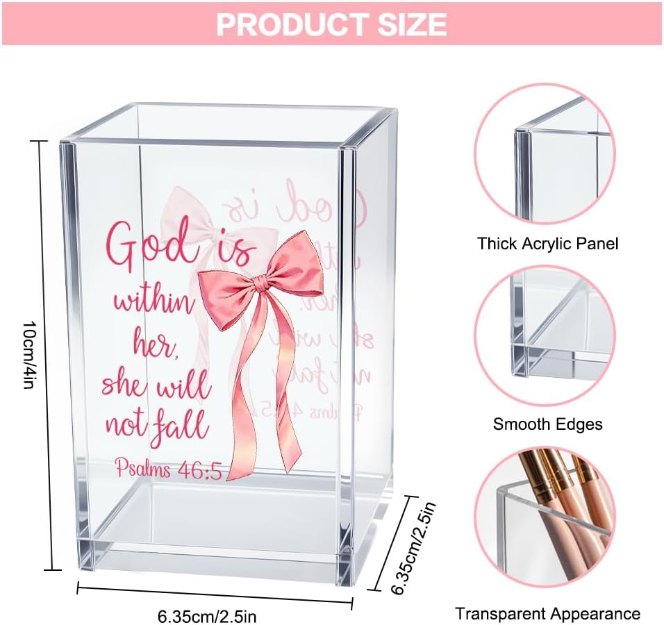 God is Within Her She Will Not Fall Psalm 46:5 Acrylic Cosmetic Pencil Pen Holder Cup, Pink Preppy Bow Desk Organizer for Home Office Decor, Christian Faith Gifts for Women Girls Coworkers Lady