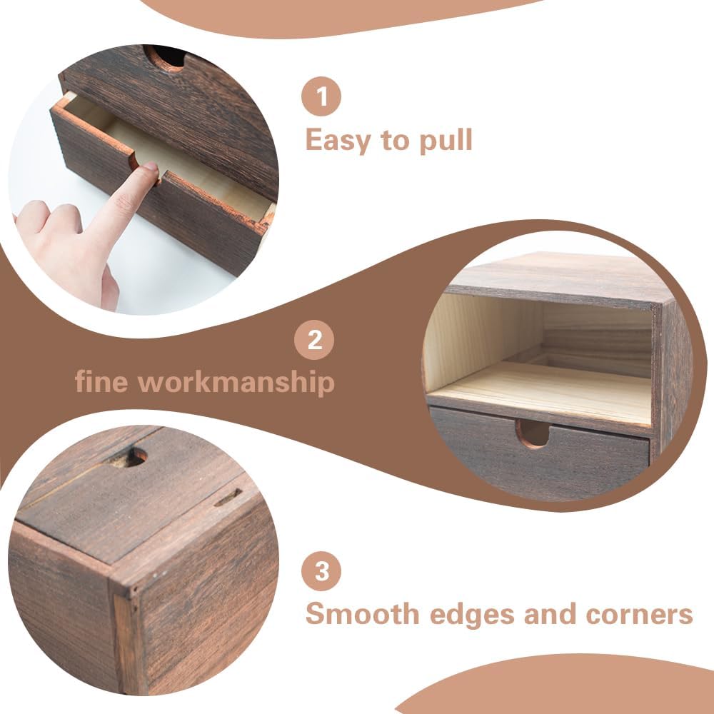 2-Drawer Desk Organizer Rustic Wooden Drawer Organizer for Storing Small Items Wood Countertop Drawer Organizers Storage Drawers for Desk Heavy Carbonization Farmhouse Storage Box (7 x 7in)