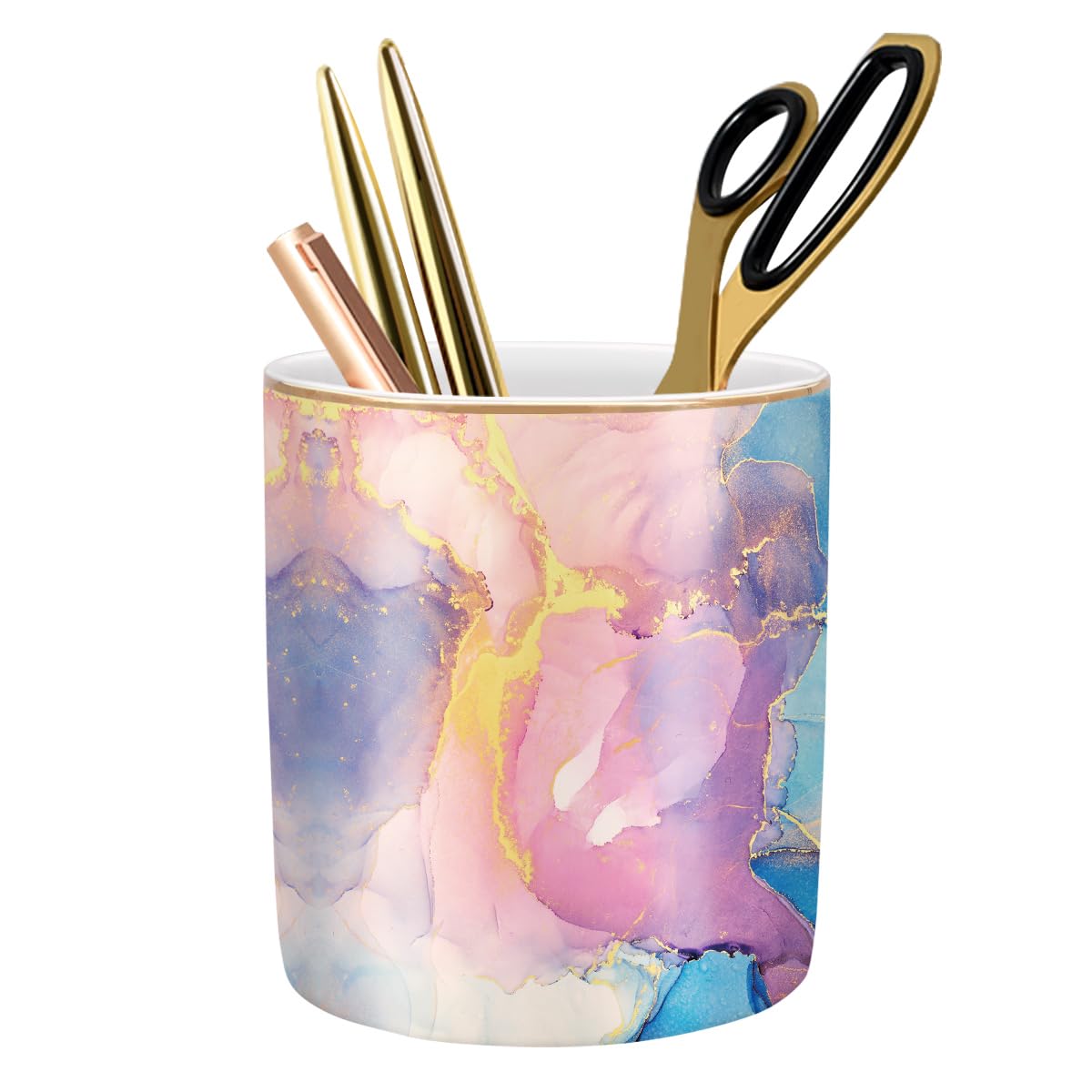 Large Capacity Colored Pen Holder for Desk, Ceramic Pencil Holder Pen Cup Marker Holder Makeup Brush Holders, Desk Accessories & Workspace Organizers for Home, Office, White Flower