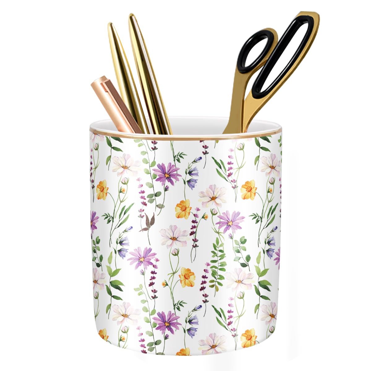 Large Capacity Colored Pen Holder for Desk, Ceramic Pencil Holder Pen Cup Marker Holder Makeup Brush Holders, Desk Accessories & Workspace Organizers for Home, Office, White Flower