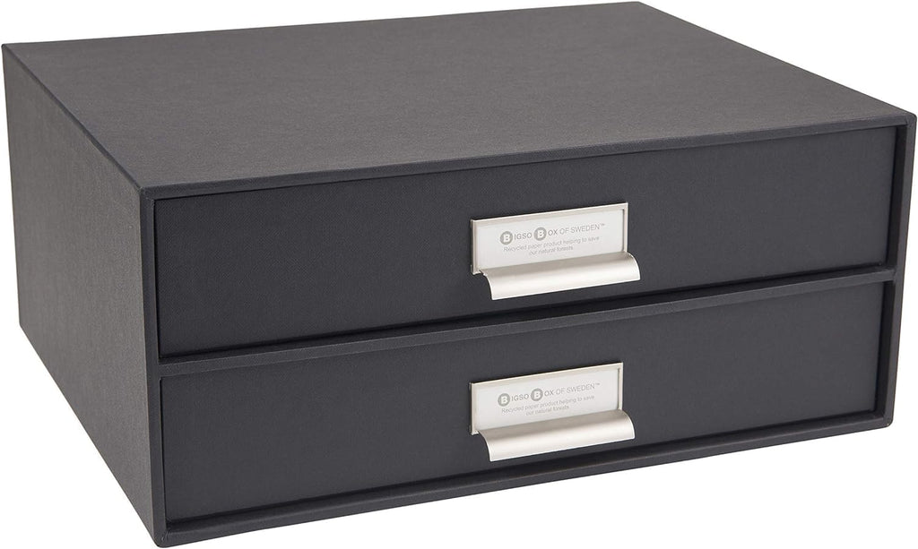 Bigso Box of Sweden Birger 2-Drawer Fiberboard Label Frame Document Letter Box | Desktop Drawers for Loose Papers, Documents & More with Metal Label Holder | 13.1" x 10" x 5.7" | White