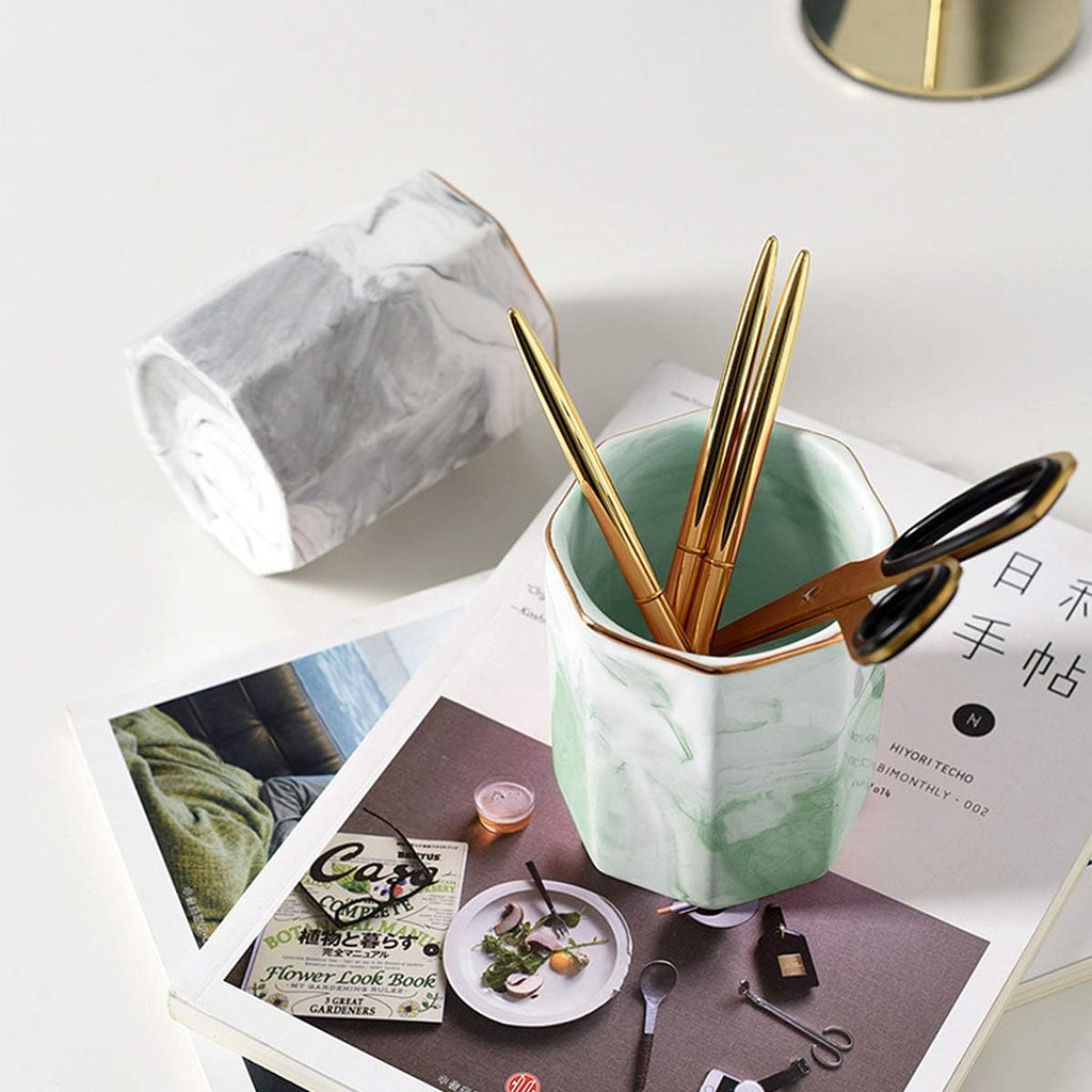 Pencil Holder, Pencil Cup for Desk, Makeup Brush Holder Cup, Cute Pencil Stand Marble Decorative for Kids Durable Ceramic Desk Organizer for Office, Classroom, Home, Antique Green Marble