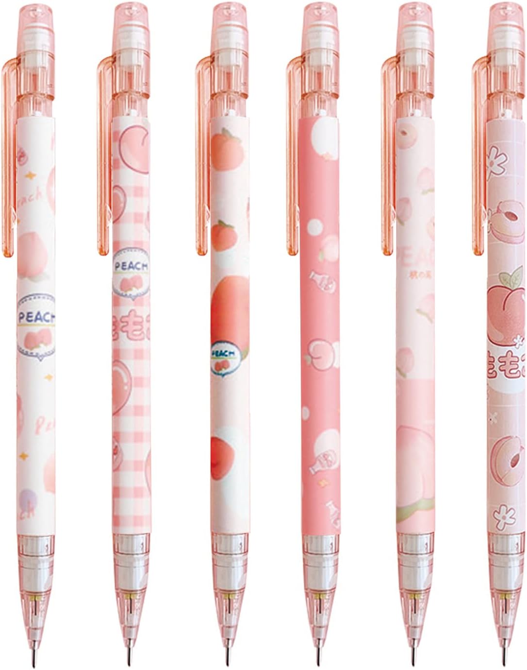 MOZXIRZ 6 Pcs Cute Mechanical Pencils with Eraser 0.5mm Cartoon Peach Mechanical Pencil School Pencil for Women (6pcs Peach/No Refill)
