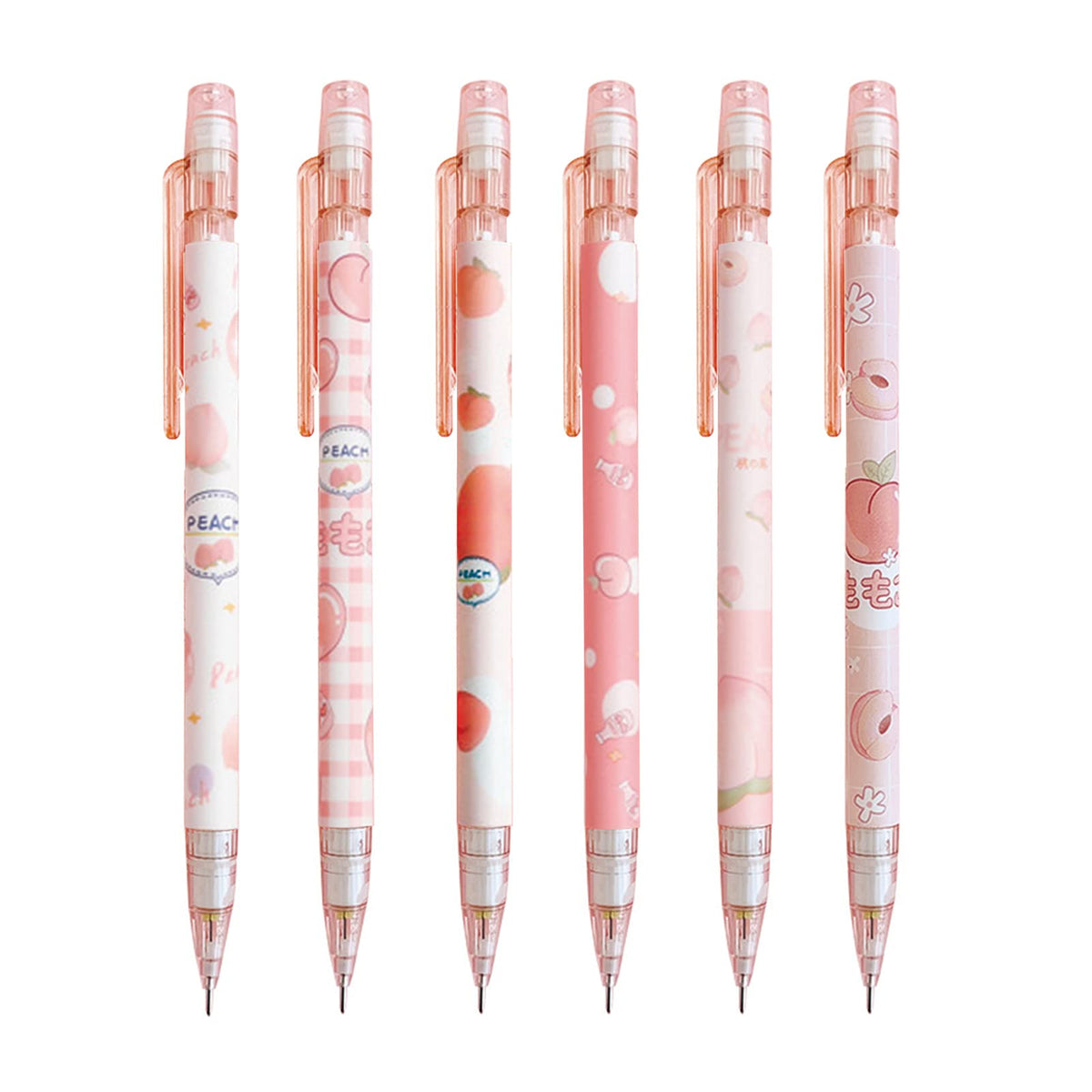 MOZXIRZ 6 Pcs Cute Mechanical Pencils with Eraser 0.5mm Cartoon Peach Mechanical Pencil School Pencil for Women (6pcs Peach/No Refill)