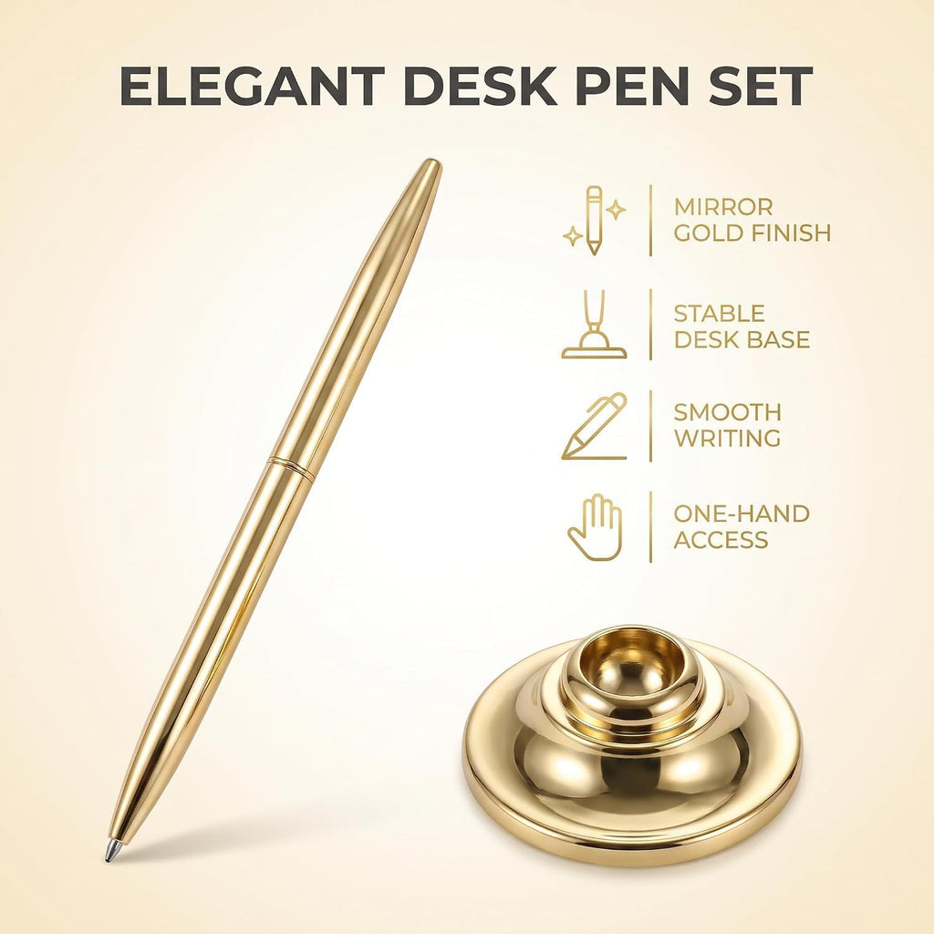 2Pcs Gold Pen And Pen Stand Round Pen Holder Signing Pen Set Metal Attached To Desk Base Stands For Wedding Office Ballpoint Set Ballpoint Attached Base Desk Writing Supplies