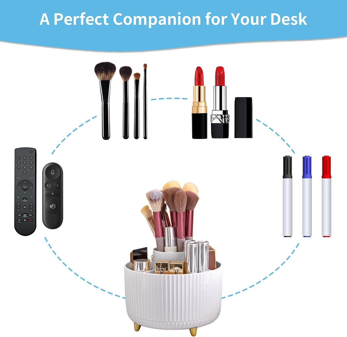 Marbrasse Desk Organizer, 360-Degree Rotating Pen Holder, Desk Organizers and Accessories with 5 Compartments Pencil Holder, Art Supply Storage Box Caddy for Office, Home（White）
