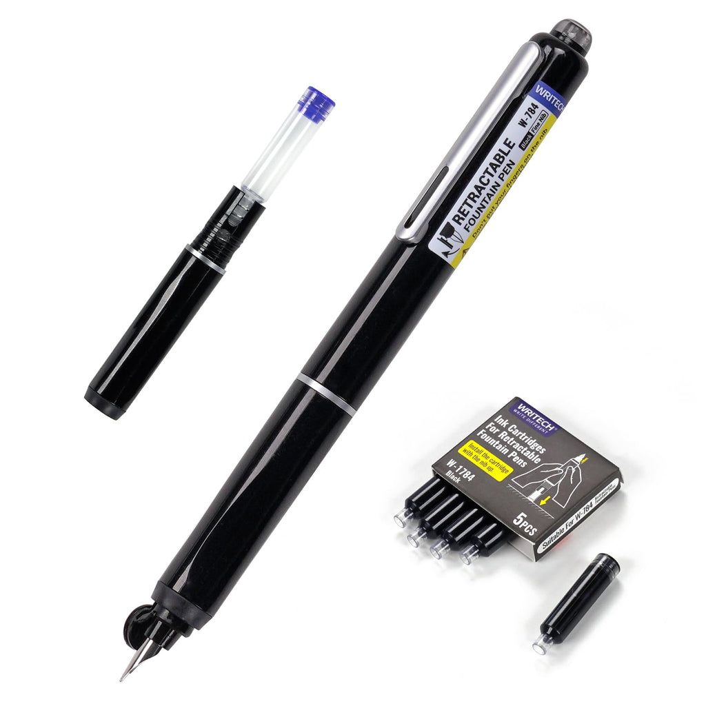 WRITECH Fountain Pen Fine Nib: Retractable Black Ink Pens Set Includes 5 Ink Cartridges Smooth Writing for Calligraphy Sketching Journaling Gift (Purple)