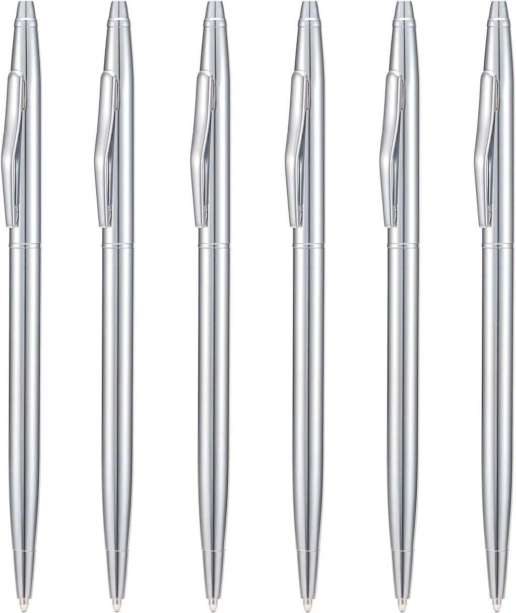 6 Pieces Wikult Silver Slim Metal Ballpoint Pen, 1mm Medium Point Black Ink Smooth Writing, for Business Office Teacher Student Wedding Guest