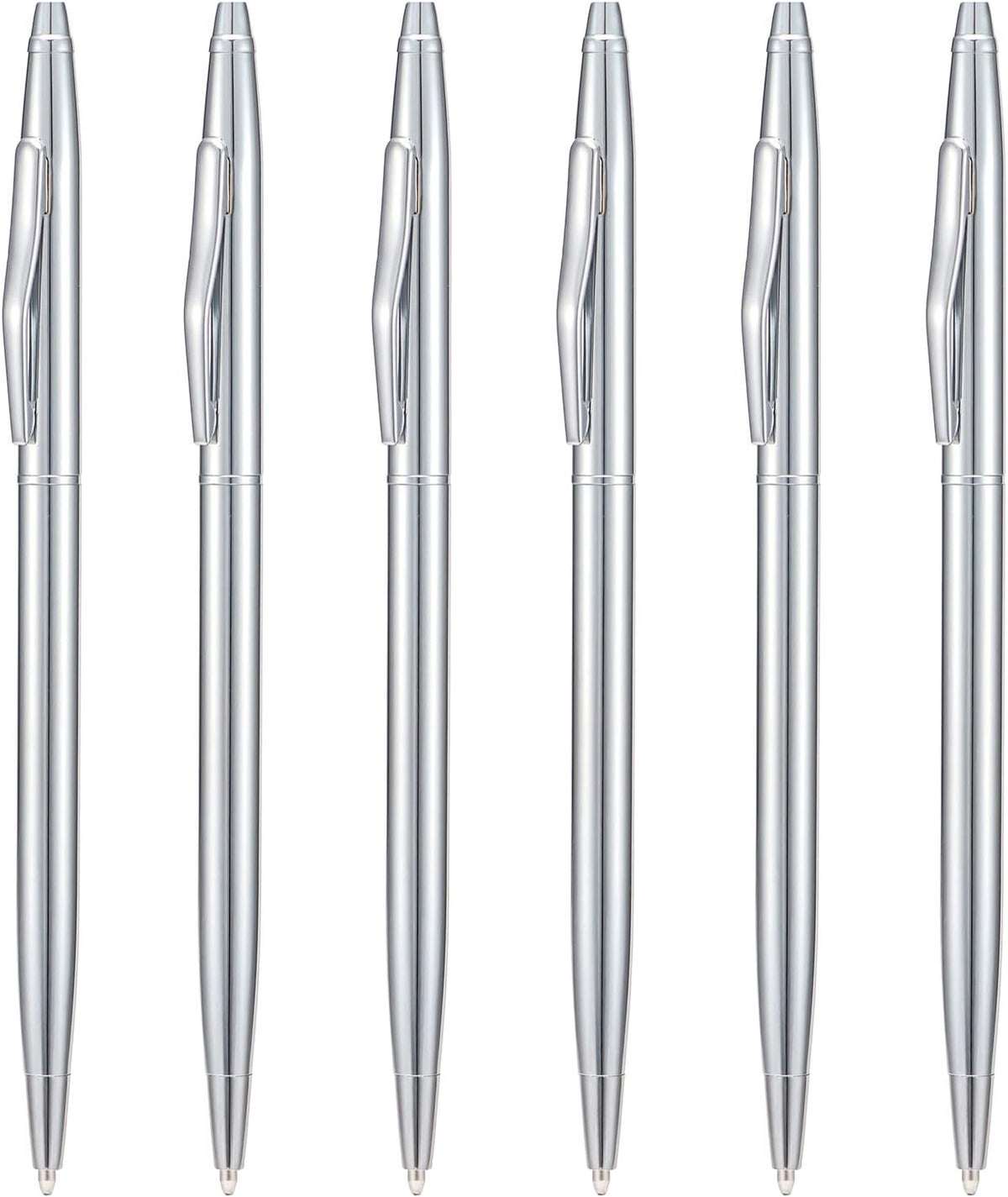 6 Pieces Wikult Silver Slim Metal Ballpoint Pen, 1mm Medium Point Black Ink Smooth Writing, for Business Office Teacher Student Wedding Guest