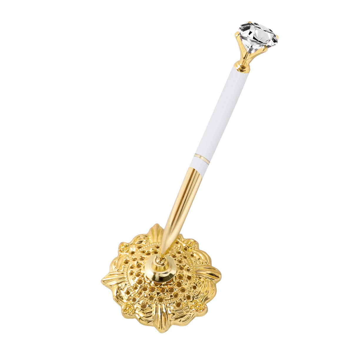 Hollow Round Pen Holder Signing Pen Set with Big Diamond Crystal Pen for Wedding Bridal Opening Ceremony Graduation Office, Silver(Black Ink)