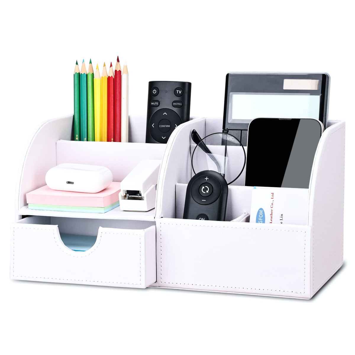 KINGFOM Pu Leather Desk Organizer Pen Pencil Holder Office Supplies Caddy Storage Box 6 Compartments with Drawer Black