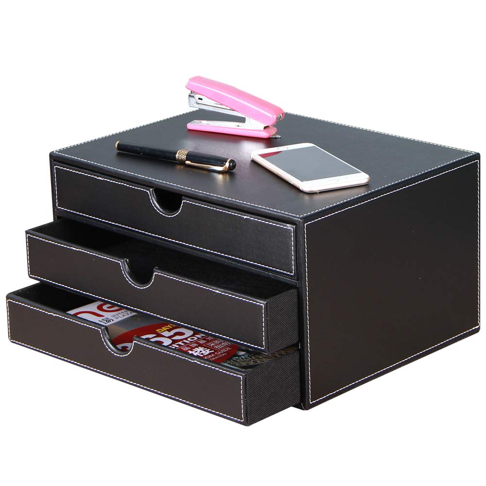 High-end PU Leather Desk Organizer File Cabinet Executive Office Supplies Desktop Filing A4 File Cabinet Stackable Storage Organizer Box with 3 Drawers (Black)…
