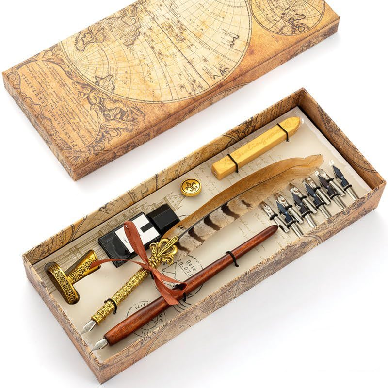 Peacock Feather Pen and Ink Set, Wax Seal Kit Present Box