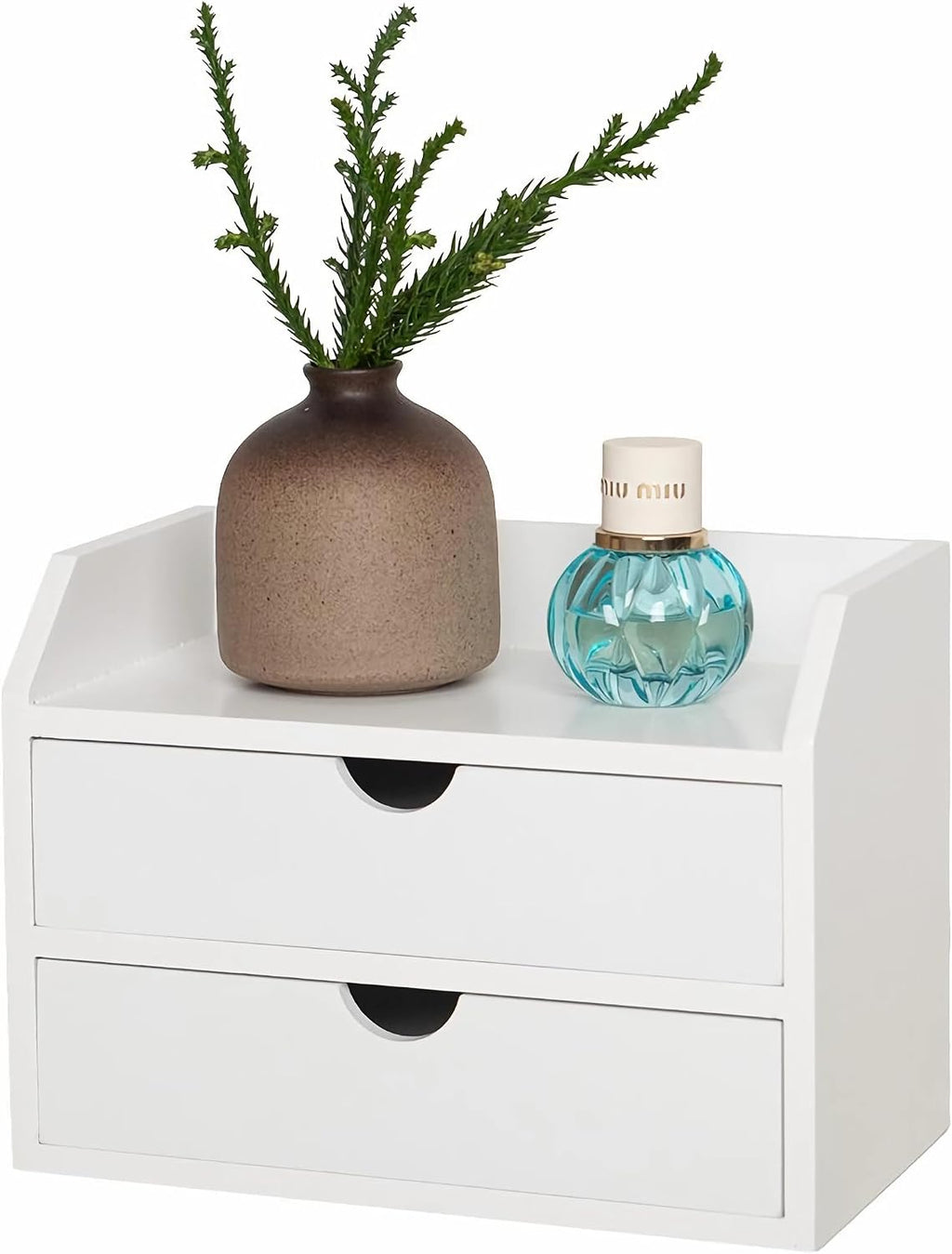 ROSE BLOOM White Wood Desk Organizer with 2 Drawers, Mini Cabinet with Storage Shelf for Tabletop, Small Box for Cosmetic Office Supplies