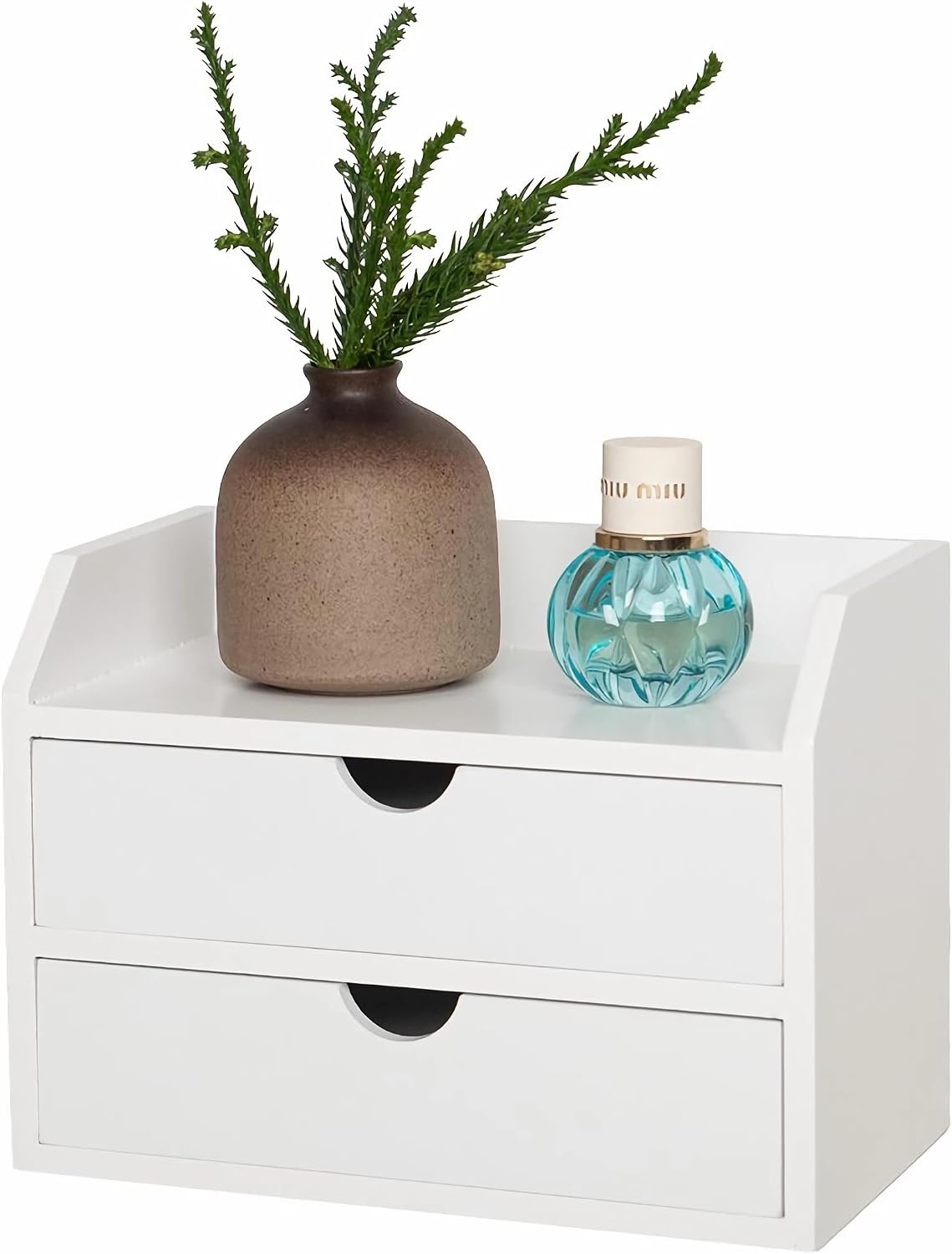 ROSE BLOOM White Wood Desk Organizer with 2 Drawers, Mini Cabinet with Storage Shelf for Tabletop, Small Box for Cosmetic Office Supplies