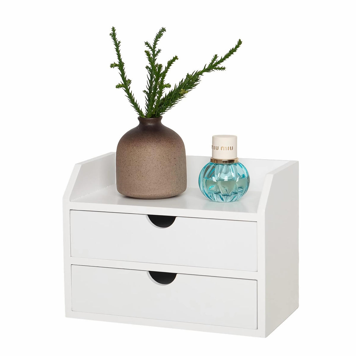 ROSE BLOOM White Wood Desk Organizer with 2 Drawers, Mini Cabinet with Storage Shelf for Tabletop, Small Box for Cosmetic Office Supplies