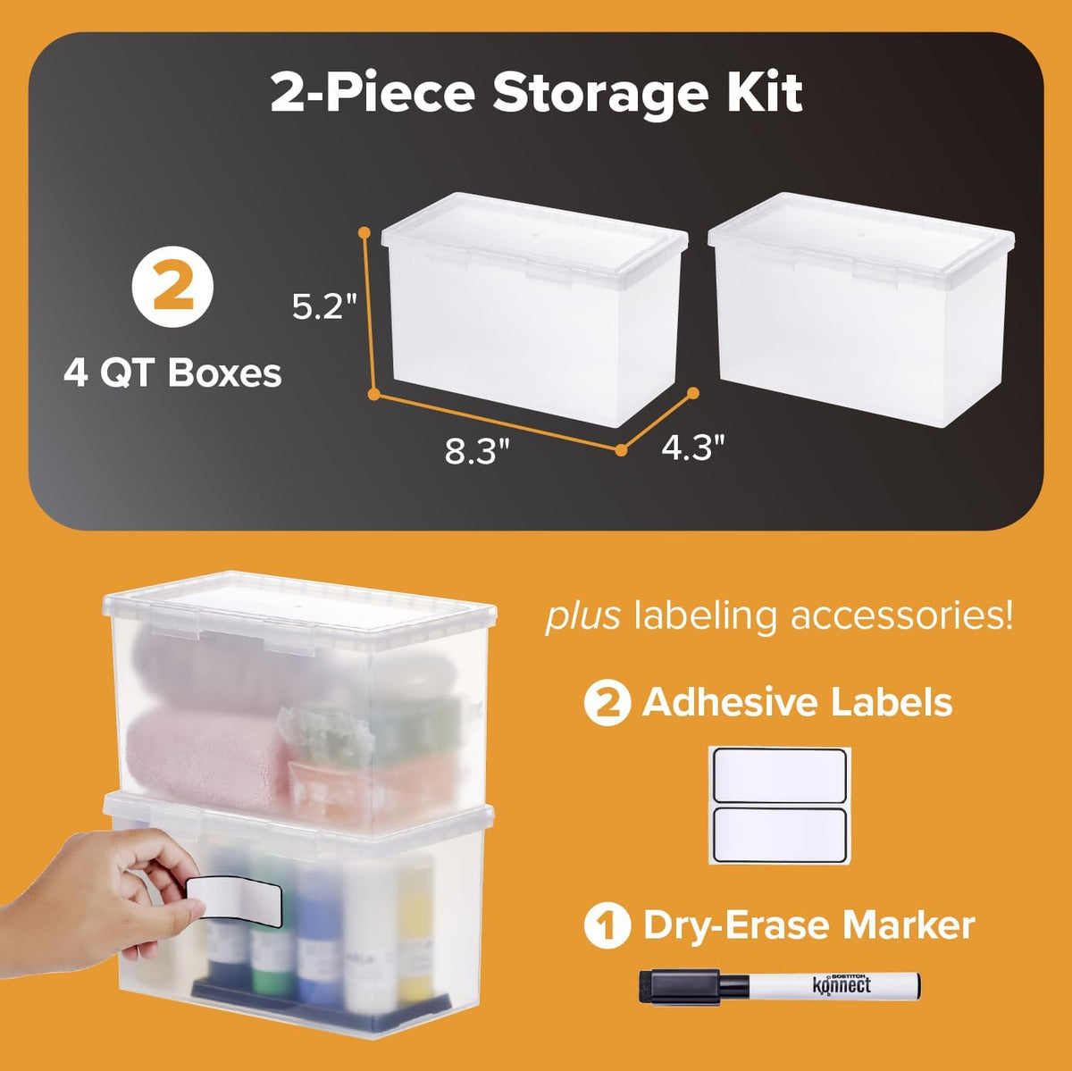 Bostitch Konnect Storage Containers with Lids, Office Organizer, Clear Plastic Box, Desk and Home Organizer, Labels, 4 Qt, 2 Pack