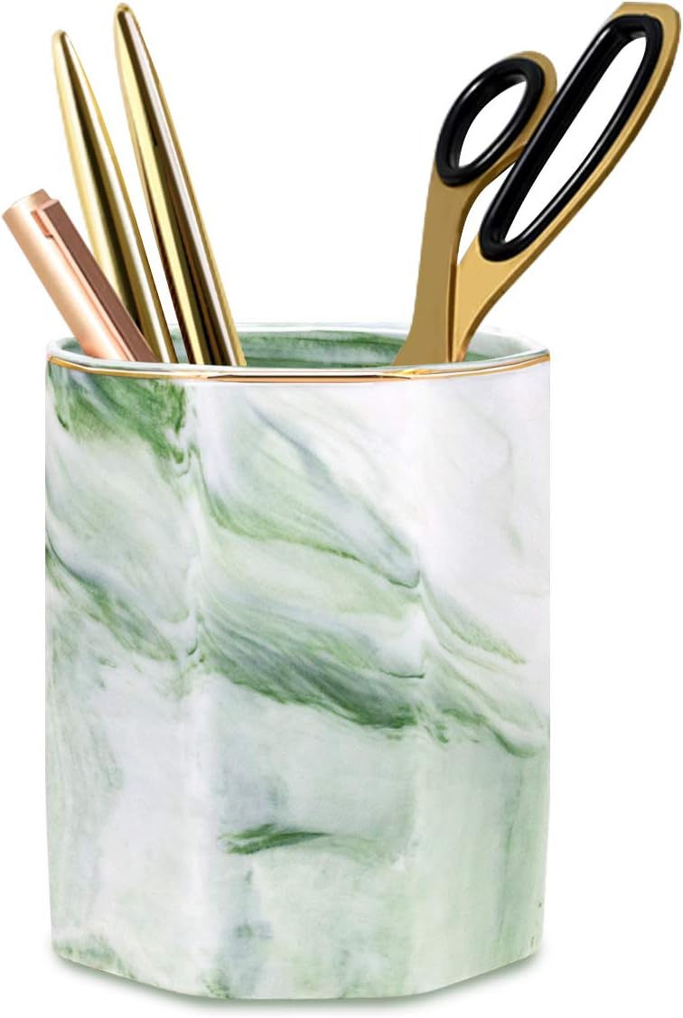 Pencil Holder, Pencil Cup for Desk, Makeup Brush Holder Cup, Cute Pencil Stand Marble Decorative for Kids Durable Ceramic Desk Organizer for Office, Classroom, Home, Antique Green Marble