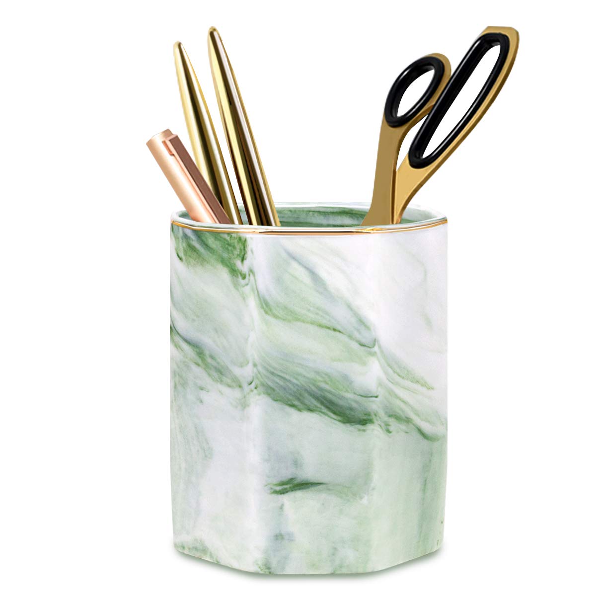 Pencil Holder, Pencil Cup for Desk, Makeup Brush Holder Cup, Cute Pencil Stand Marble Decorative for Kids Durable Ceramic Desk Organizer for Office, Classroom, Home, Antique Green Marble