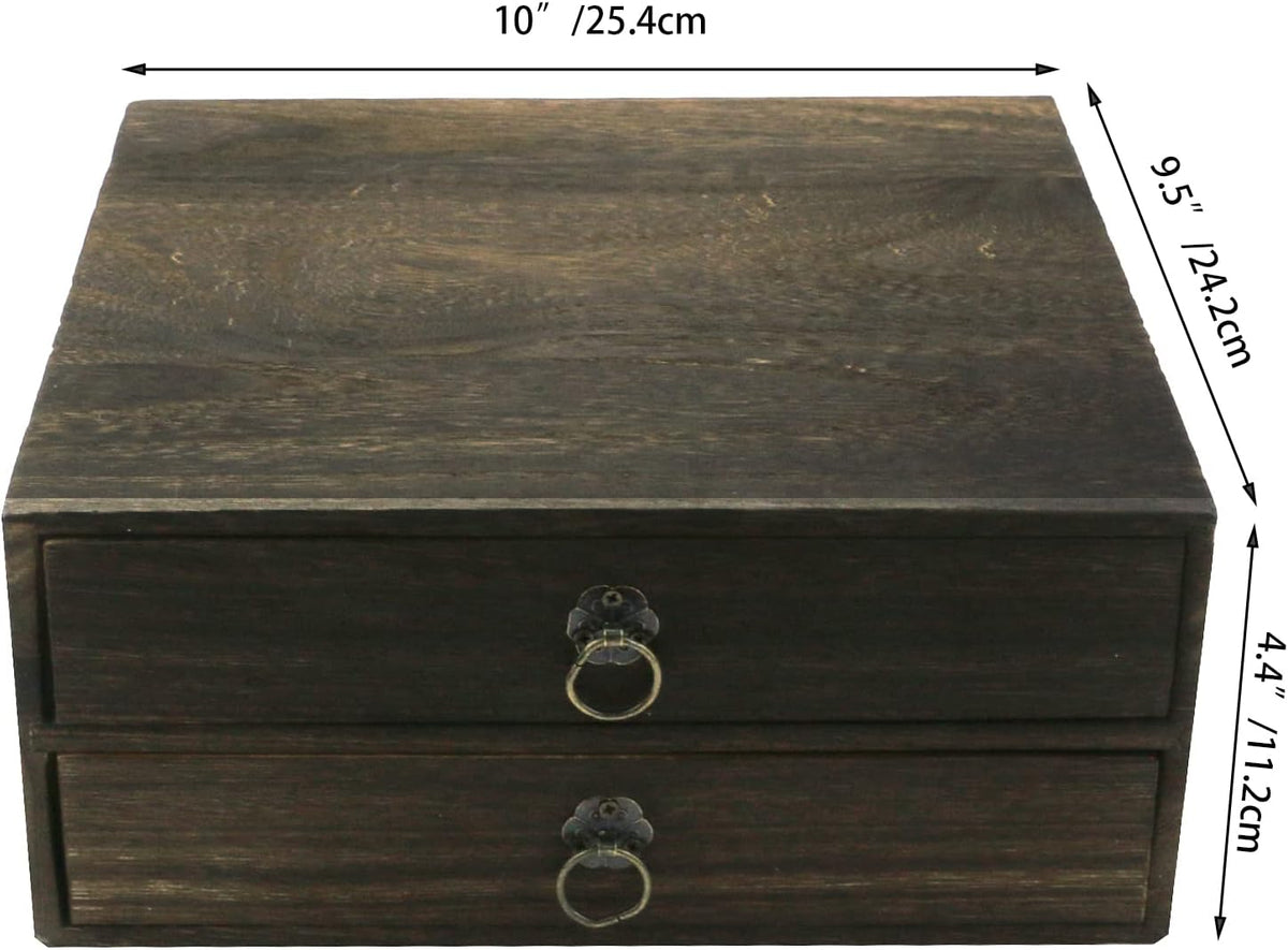 Wooden Desk Organizer 10" x 9.5" x 4.4" Mini Desk Drawer Tabletop Storage Organization Box Vintage Decorative Small Wooden Box（2 Floors）