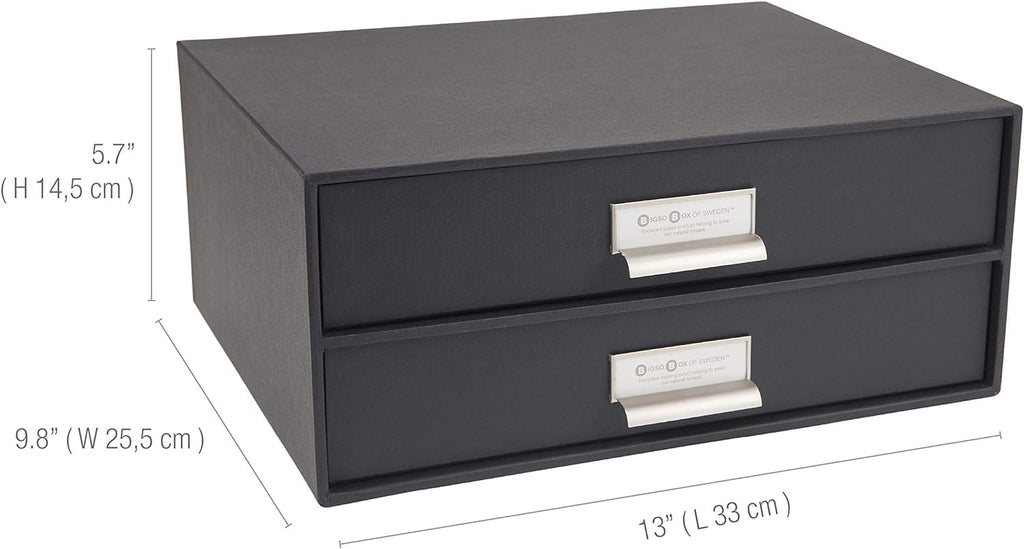 Bigso Box of Sweden Birger 2-Drawer Fiberboard Label Frame Document Letter Box | Desktop Drawers for Loose Papers, Documents & More with Metal Label Holder | 13.1" x 10" x 5.7" | White