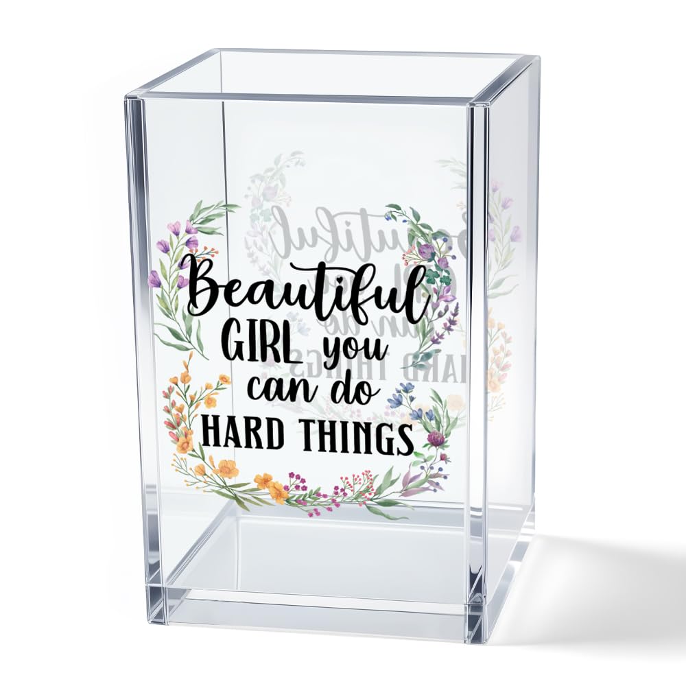 God is Within Her She Will Not Fall Psalm 46:5 Acrylic Cosmetic Pencil Pen Holder Cup, Pink Preppy Bow Desk Organizer for Home Office Decor, Christian Faith Gifts for Women Girls Coworkers Lady