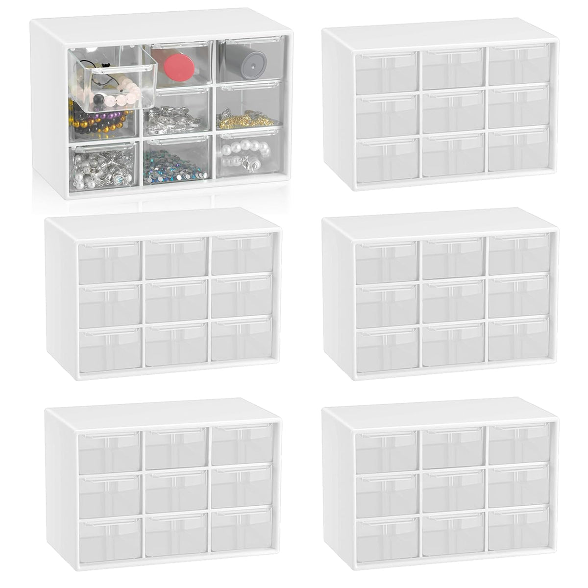 Small Drawer Organizer for Desk, 7.1" x 3. 8" x 4.6" Mini Desktop Drawer Organizer with 9 Clear Drawers, Plastic Desktop Craft Storage Box for Desk Office School Home (White)