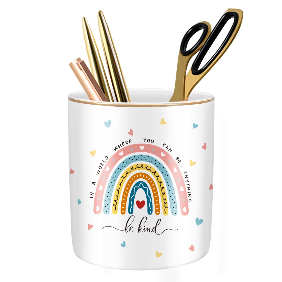 Large Capacity Colored Pen Holder for Desk, Ceramic Pencil Holder Pen Cup Marker Holder Makeup Brush Holders, Desk Accessories & Workspace Organizers for Home, Office, White Flower