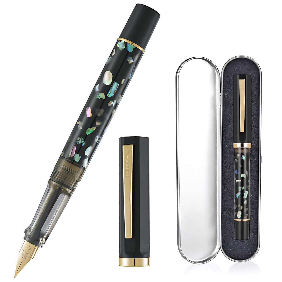 Jinhao 58 Fountain Pen Gift Set of 2 - Natural Sea Shell Inlay Fine Nib Luxury Writing Pens with Jinhao Orange Box & Ink Converters, Black & White