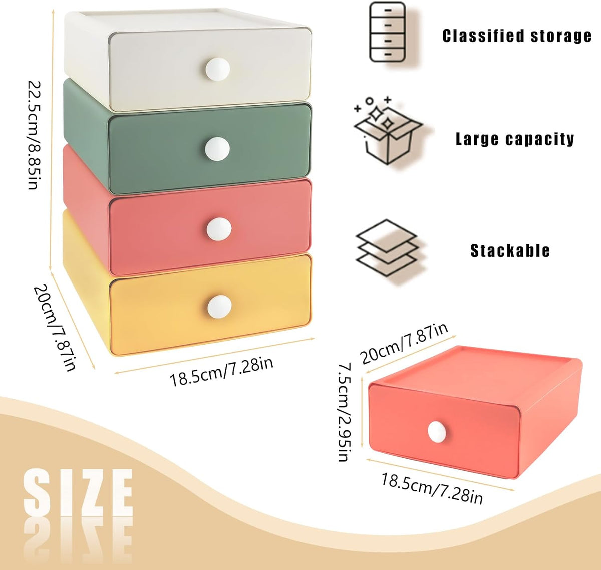 RETON 4 PCS Desktop Storage Drawers, Stackable Desk Organizer with Drawers, Large Capacity Desktop Storage Box for Office, School, Room, Dorm, Bathroom (4 Colors)