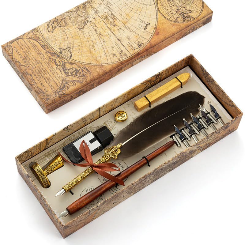 Peacock Feather Pen and Ink Set, Wax Seal Kit Present Box
