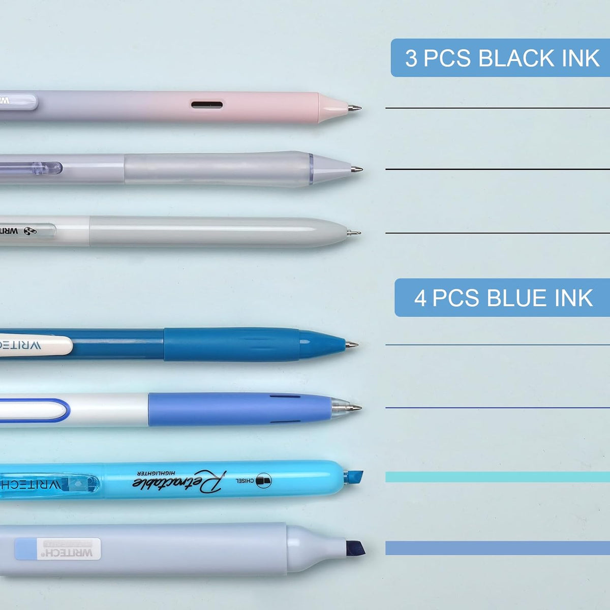 WRITECH Gel Pens Journaling Highlighters: 0.5 & 0.7mm Blue Journal Set 7ct