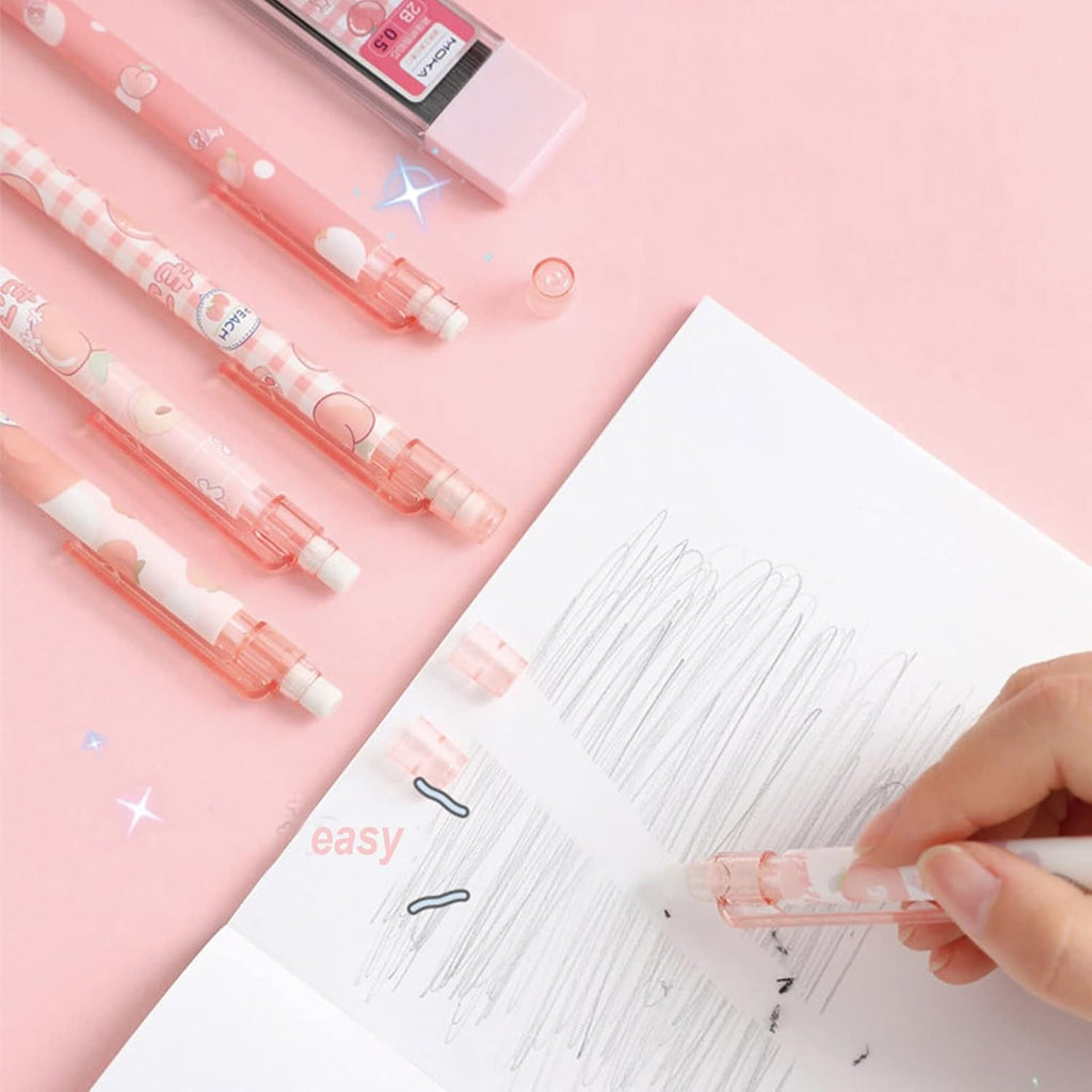 MOZXIRZ 6 Pcs Cute Mechanical Pencils with Eraser 0.5mm Cartoon Peach Mechanical Pencil School Pencil for Women (6pcs Peach/No Refill)