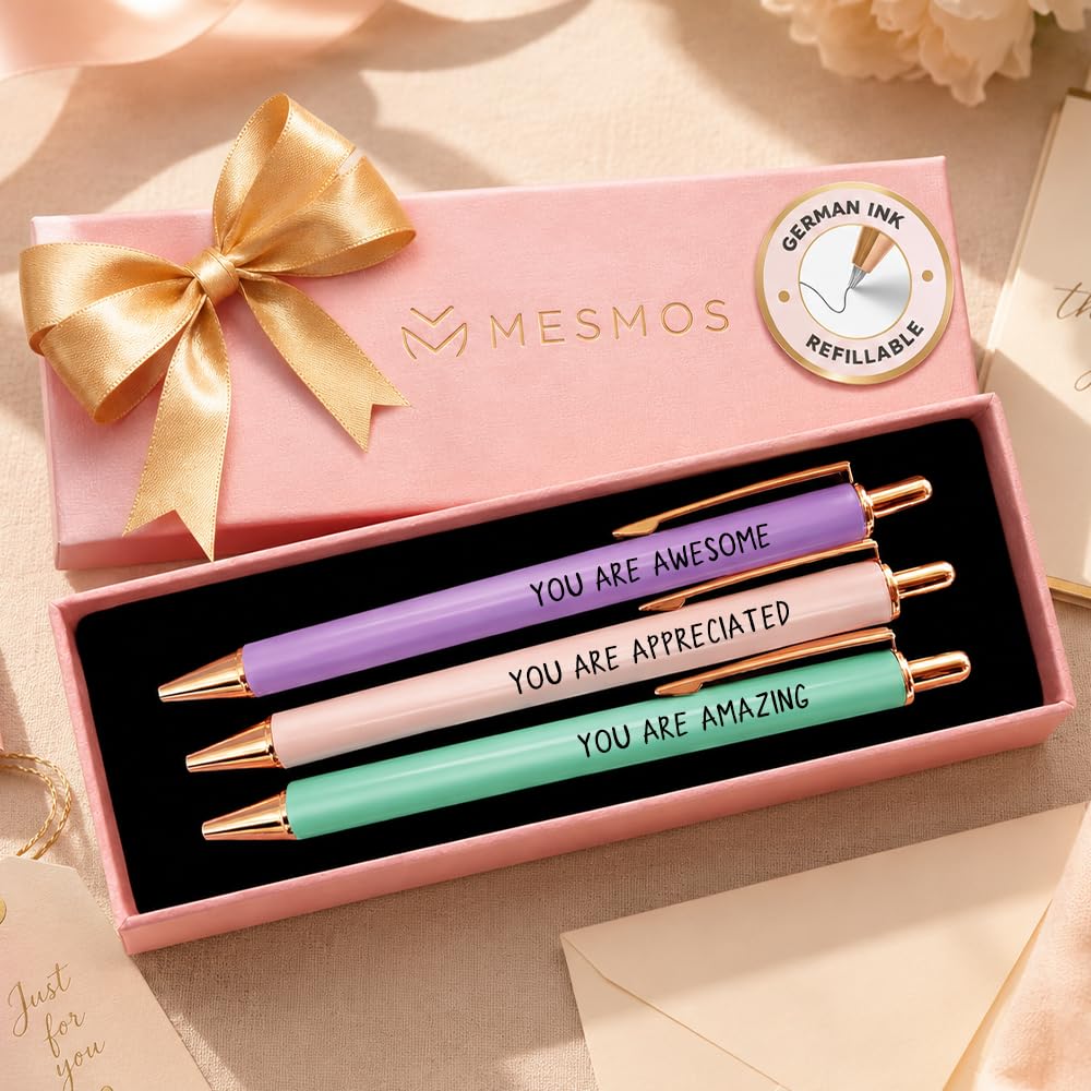 MESMOS 3pk Cute Cat Pens, Sassy and Funny Cat Lover Gifts for Women, Aesthetic Ballpoint Pens Beautifully Packaged, German-made Ink and Swiss-made Ink