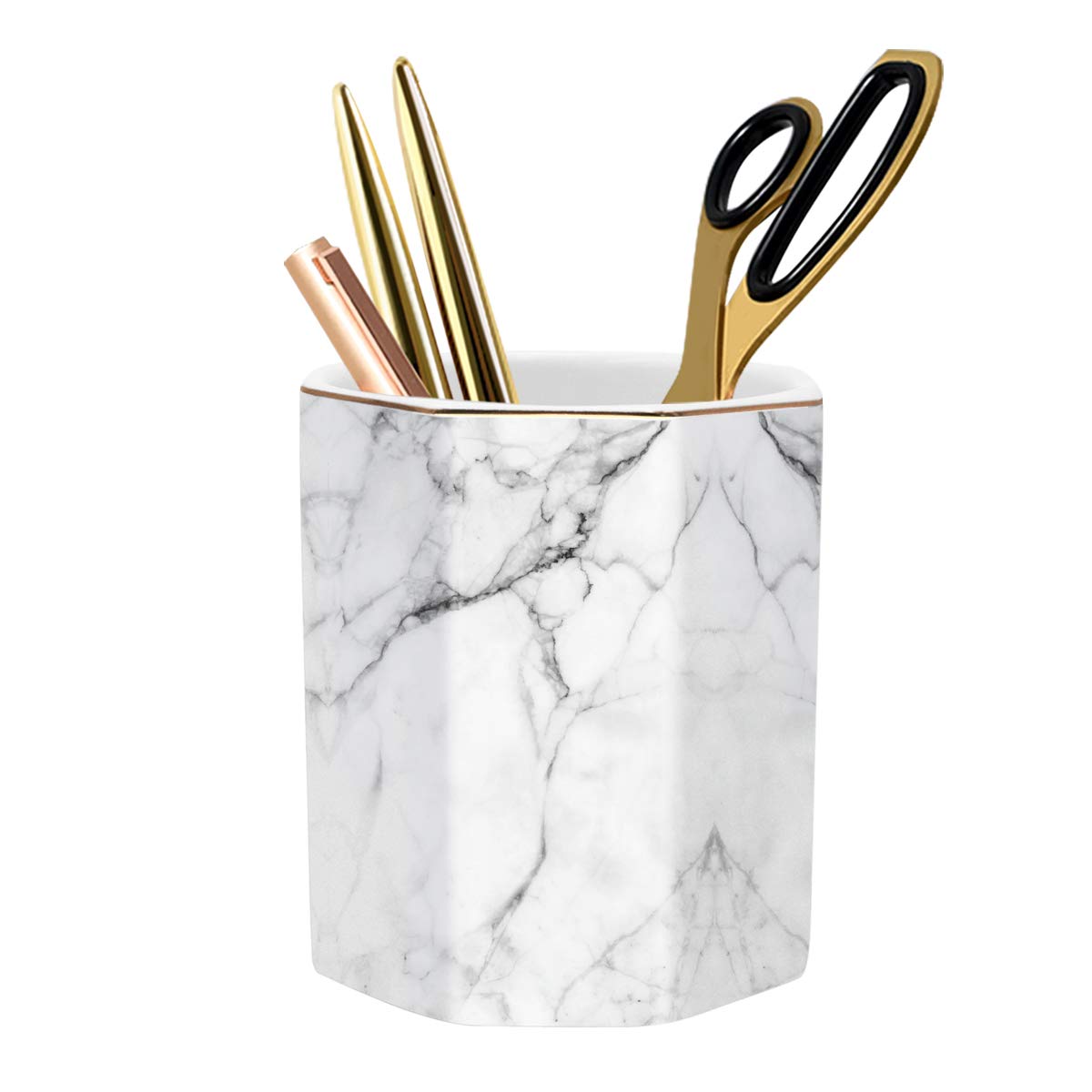 Pencil Holder, Pencil Cup for Desk, Makeup Brush Holder Cup, Cute Pencil Stand Marble Decorative for Kids Durable Ceramic Desk Organizer for Office, Classroom, Home, Antique Green Marble
