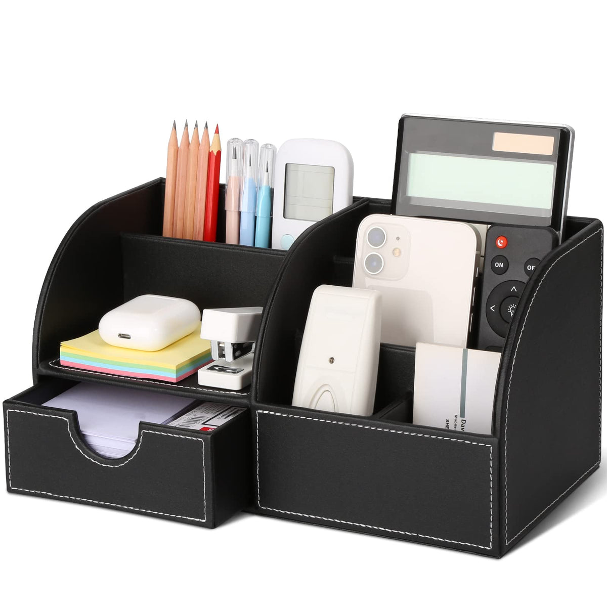 KINGFOM Pu Leather Desk Organizer Pen Pencil Holder Office Supplies Caddy Storage Box 6 Compartments with Drawer Black