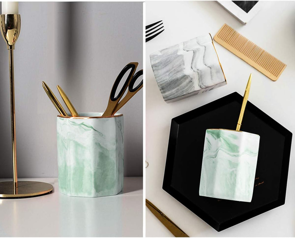 Pencil Holder, Pencil Cup for Desk, Makeup Brush Holder Cup, Cute Pencil Stand Marble Decorative for Kids Durable Ceramic Desk Organizer for Office, Classroom, Home, Antique Green Marble