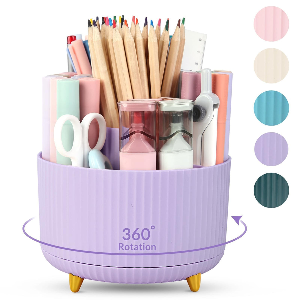 SKYDUE 360 Rotating Plastic Desk Pen Organizer with 5 Slots, Dual-Purpose Art Supply Pencil Cup for Office, School, Home