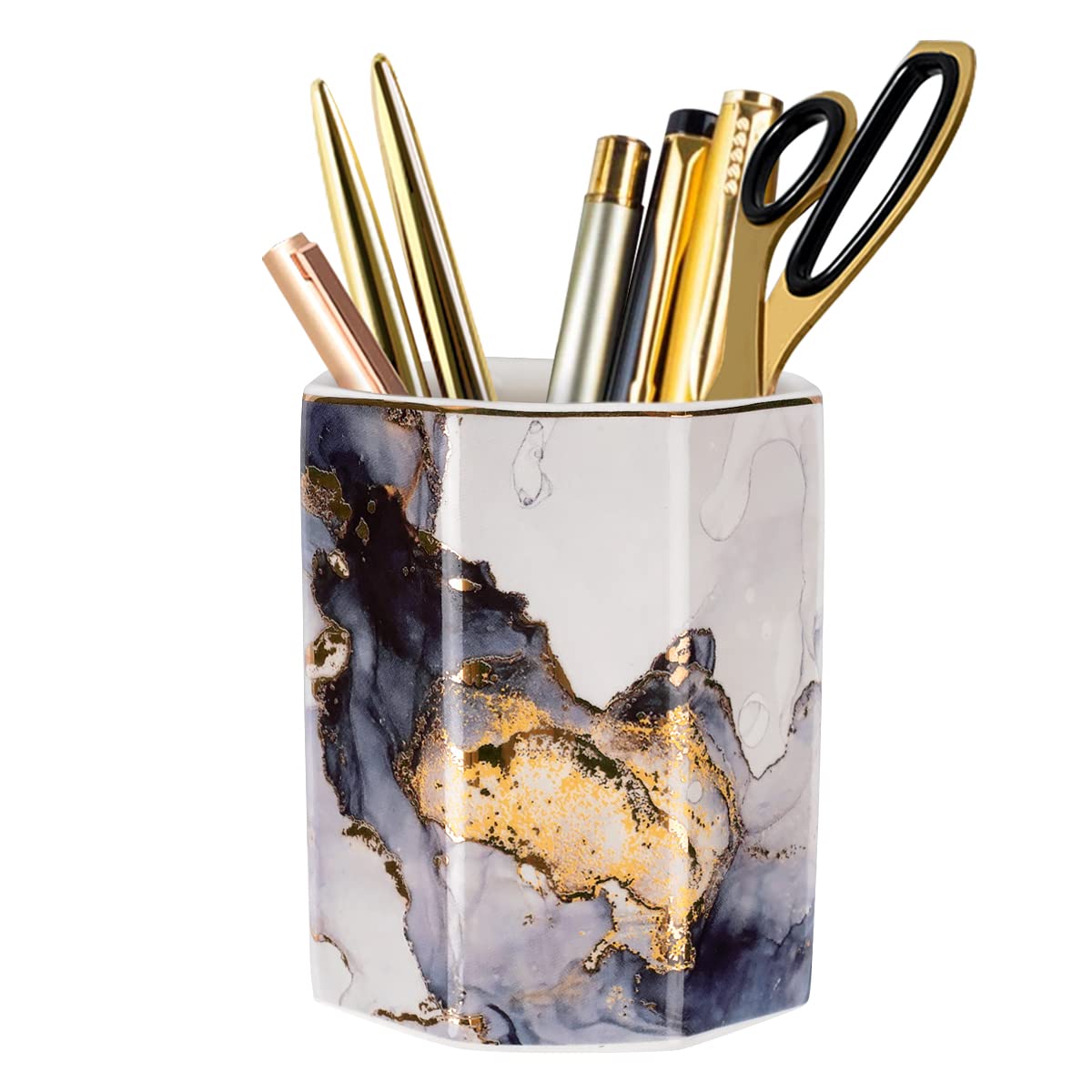 Pencil Holder, Pencil Cup for Desk, Makeup Brush Holder Cup, Cute Pencil Stand Marble Decorative for Kids Durable Ceramic Desk Organizer for Office, Classroom, Home, Antique Green Marble