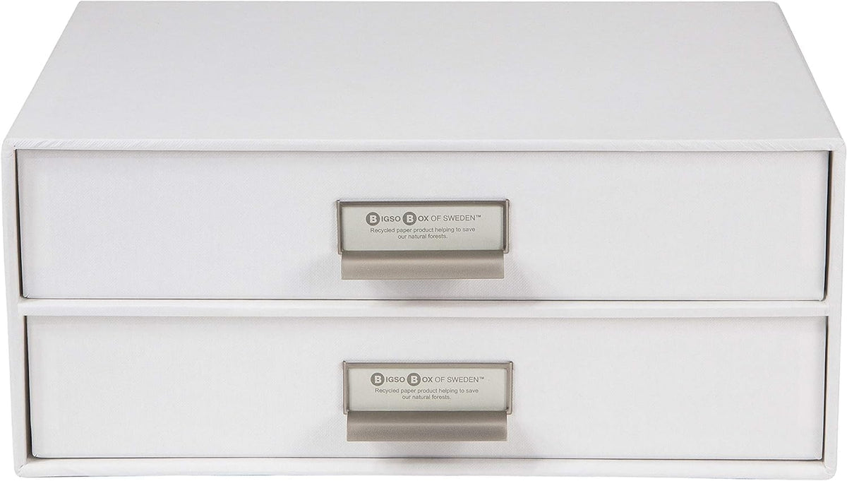 Bigso Box of Sweden Birger 2-Drawer Fiberboard Label Frame Document Letter Box | Desktop Drawers for Loose Papers, Documents & More with Metal Label Holder | 13.1" x 10" x 5.7" | White